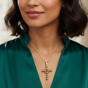 Gold Beaded Cross Necklace with Red Gemstone